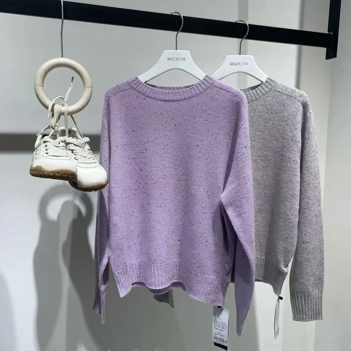 冬季新款香芋紫绵羊毛圆领套头毛衣