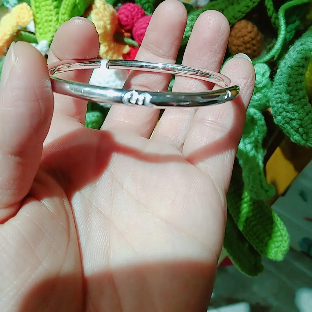 足银手镯  亮面六字真言手镯