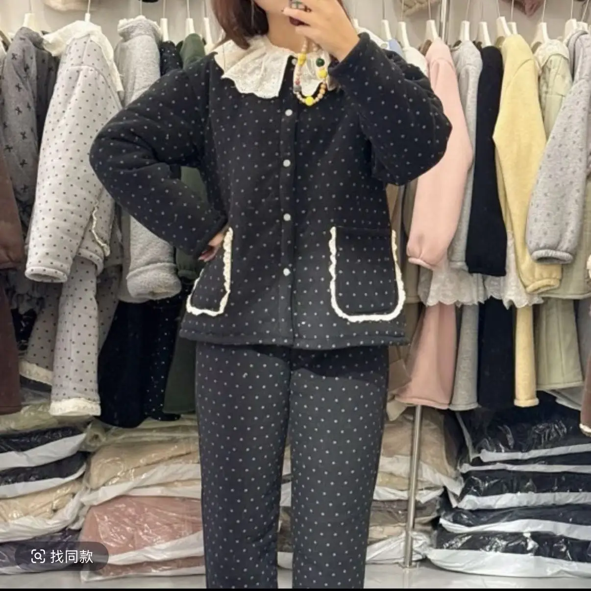 冬季三层加绒加厚波点蕾丝娃娃领可外穿女士家居服套装