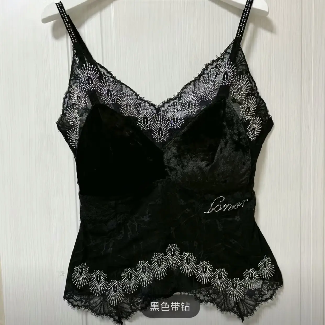 88810女士丝绒拼蕾丝烫钻美背吊带修身显瘦内搭通勤秋冬时尚