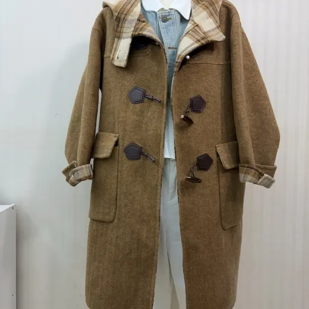 女士秋冬连帽双面牛角扣毛呢大衣复古格纹时尚百搭外套