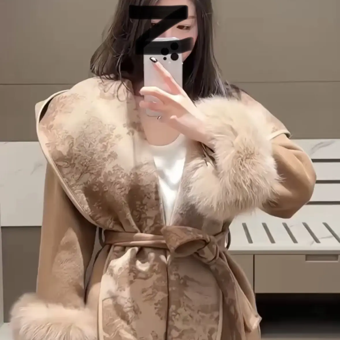 新中式水墨印花连帽双面羊毛长款设计感大衣