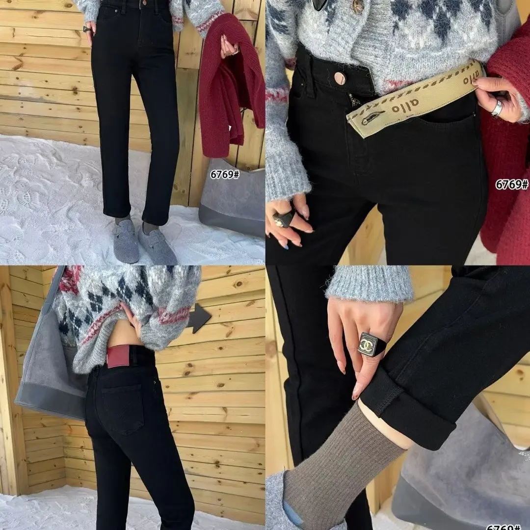 伊腾加绒中腰直筒九分烟管牛仔裤女秋冬新款显瘦百搭