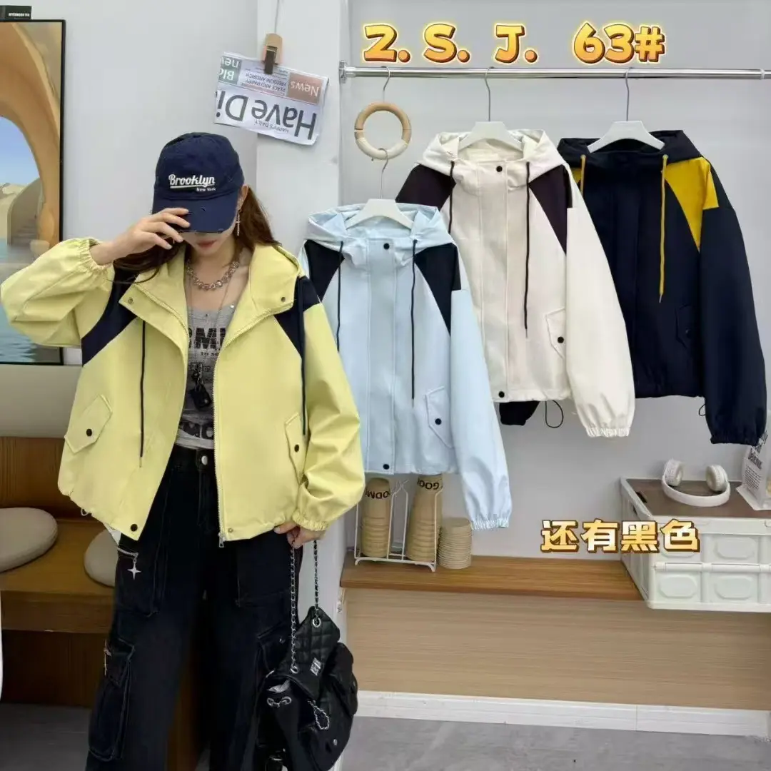 63款夹棉加厚连帽春季拼色不褪色宽松秋季短款短外套秋款
