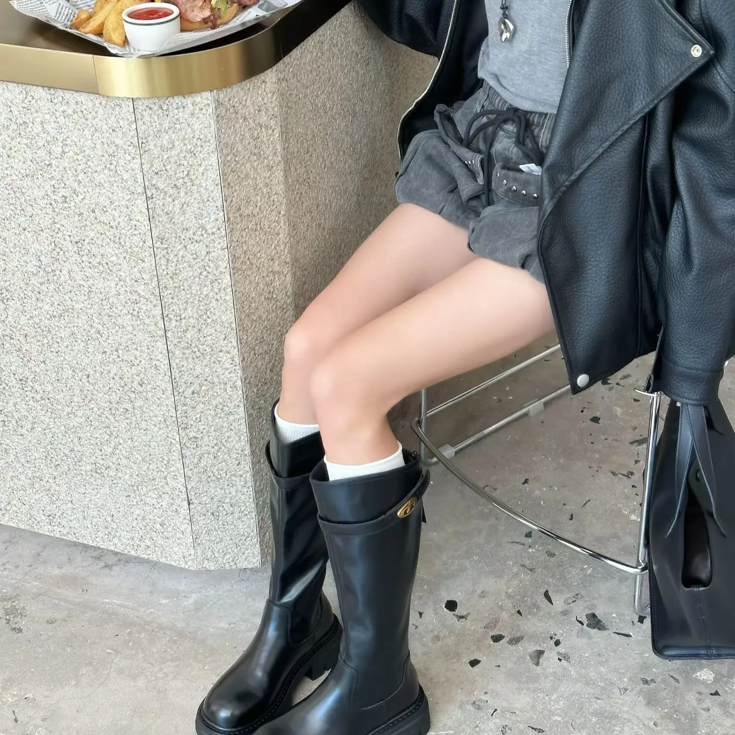 秋冬厚底长筒女靴骑士靴显瘦金扣粗跟中高筒时装靴女鞋