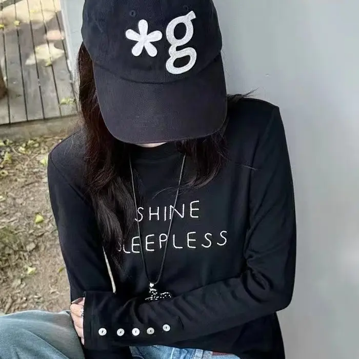 欧美风长袖字母拼接印花短款T恤破洞宽松重工秋季