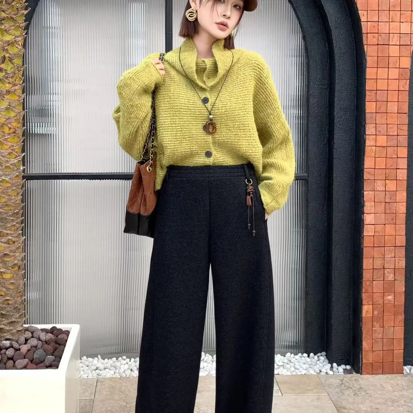 淑朵8753秋冬新款加厚弯刀高腰显瘦阔腿流浪裤休闲女裤