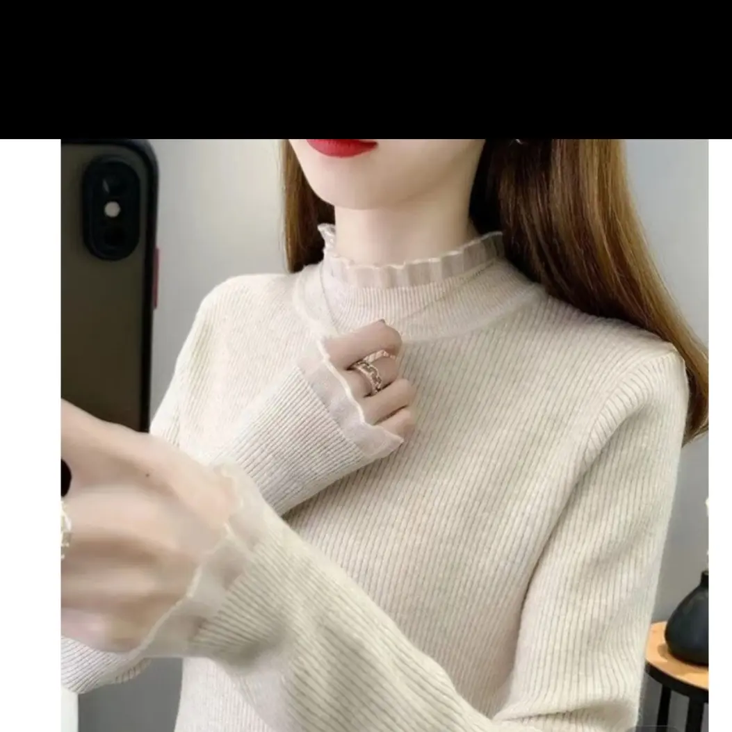 2025秋季新款温柔甜美打底衫毛衣女半高领修身显瘦内搭蕾丝针织衫