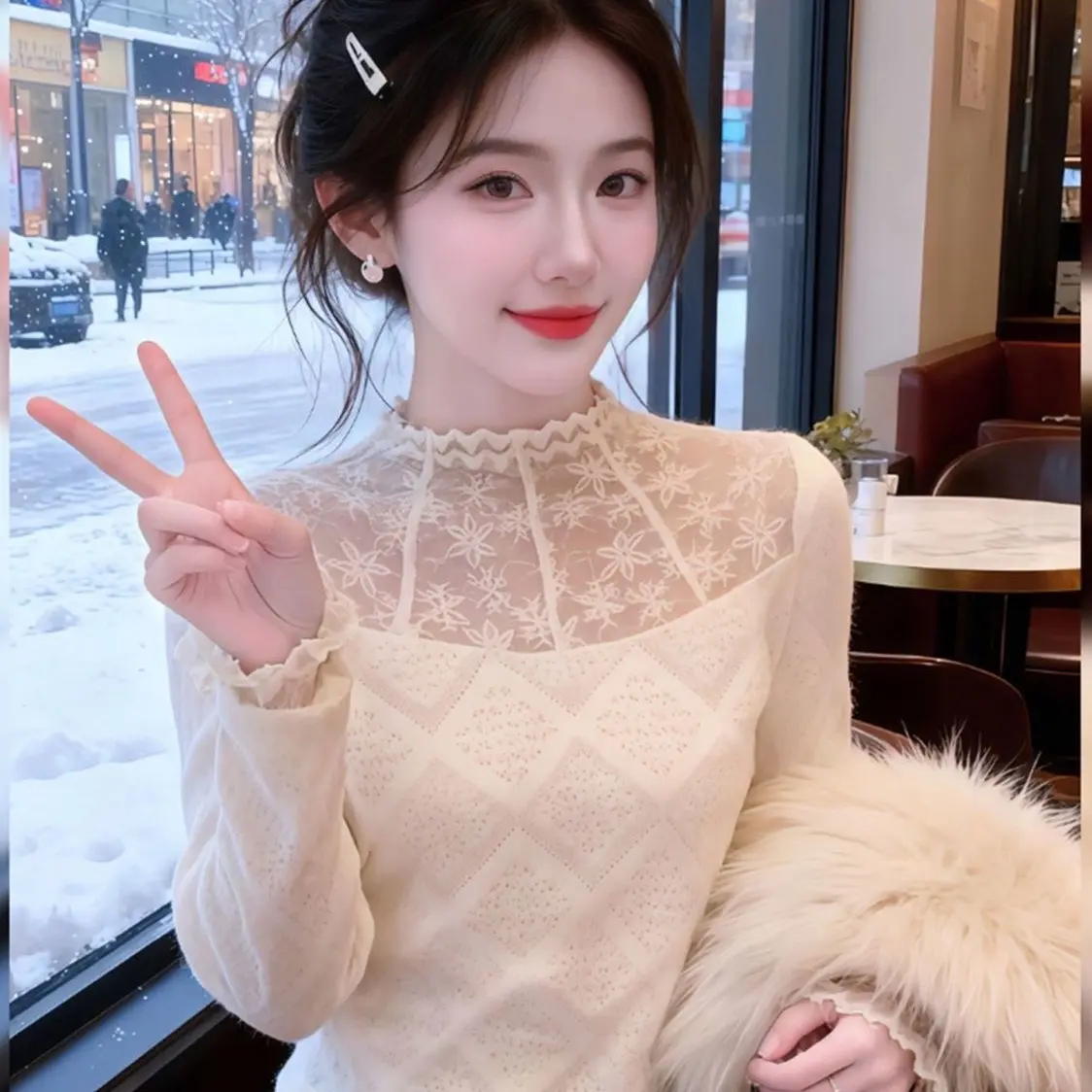 2025法式蕾丝拼接半高领长袖打底衫秋冬洋气百搭内搭上衣