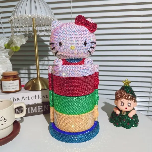 首饰盒/箱 贴钻kt旋转三层首饰盒梳妆收纳盒可爱女孩首饰整理盒