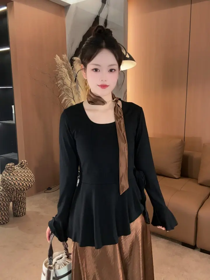 大码胖mm韩版不规则荷叶边下摆掐腰长袖T恤女秋别致修身显瘦上衣