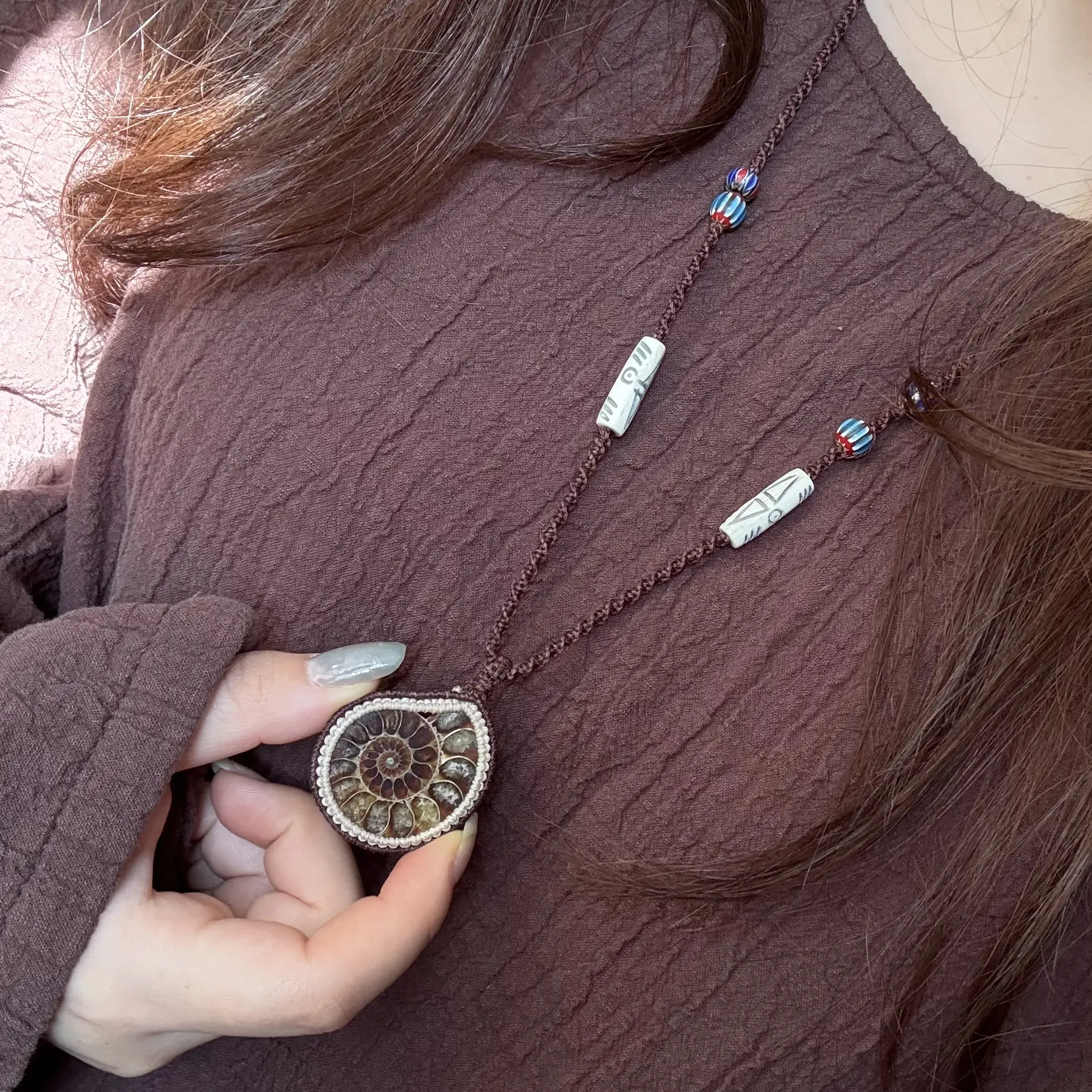 非金属布艺项链 macrame手工编绳菊石高级感项链毛衣链 不退不换