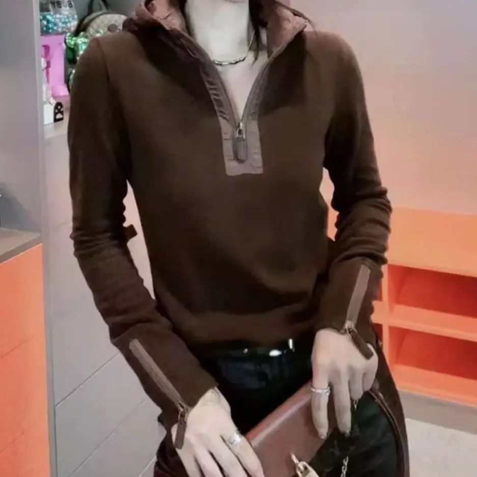 欧货德绒半拉链卫衣冬咖色美拉德上衣