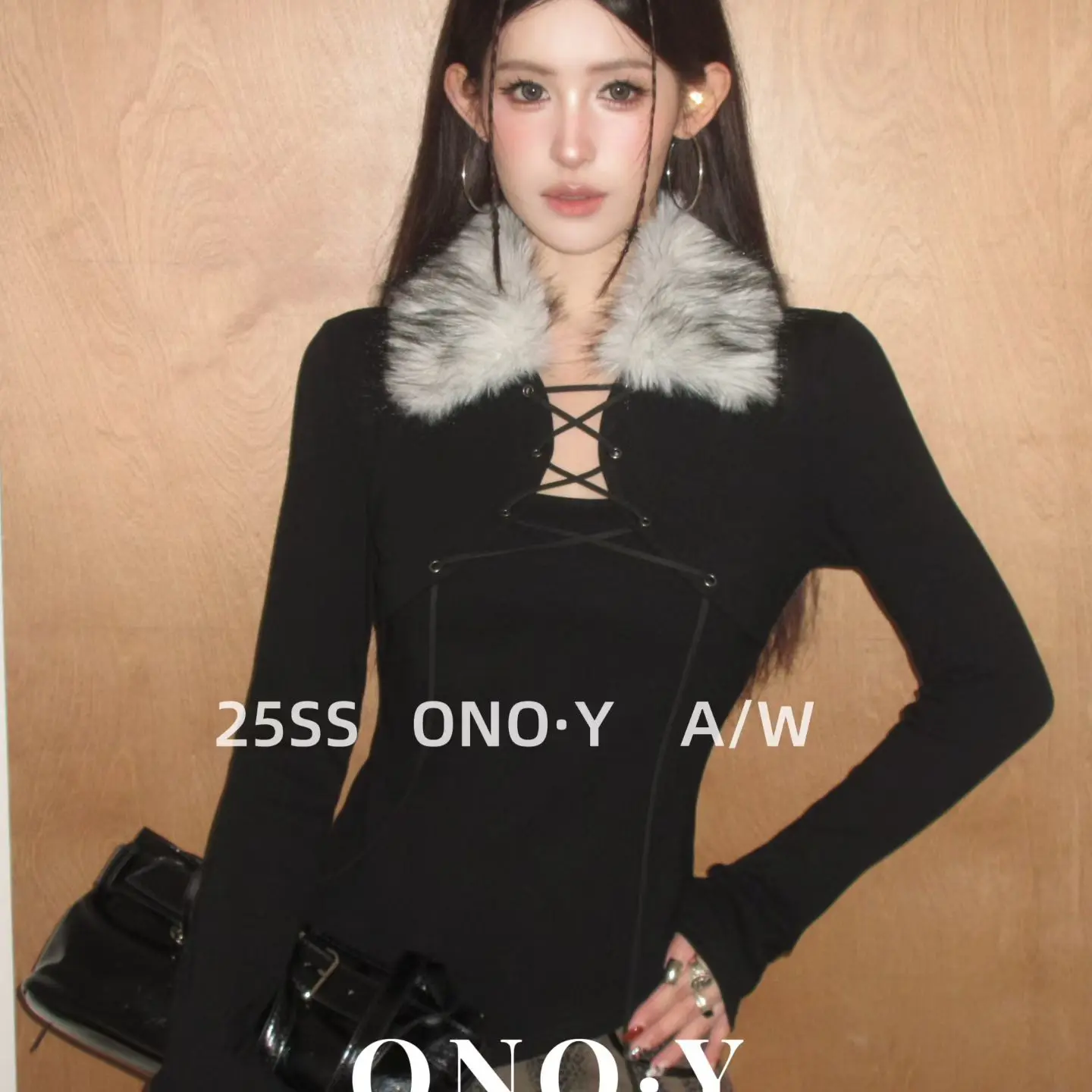 毛毛领交叉绑带千金风加绒长袖T恤修身型美拉德风毛领时尚K161
