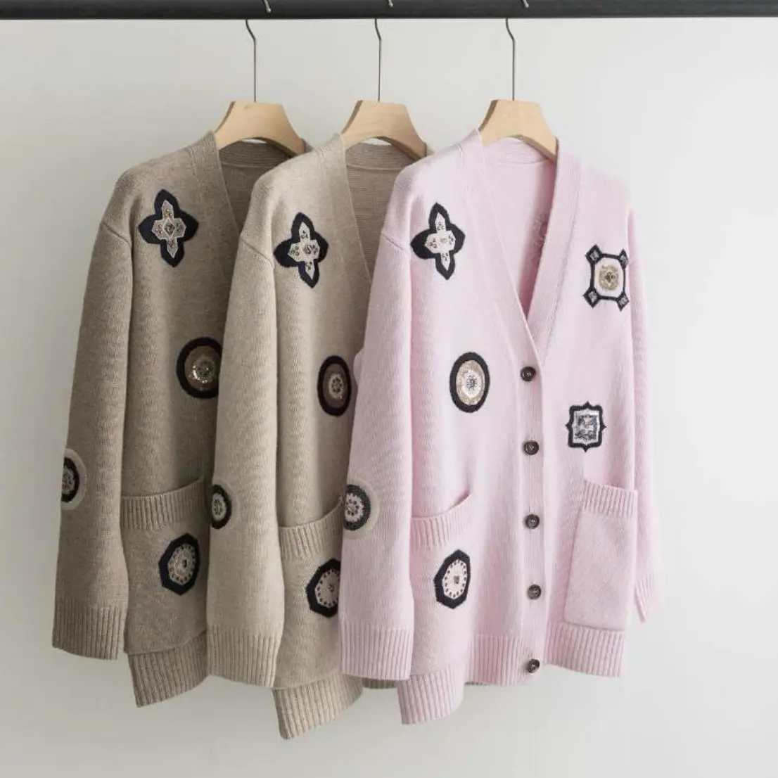 羊毛羊绒混纺针织开衫钉珠宽松大毛衣中长款毛衫外套女