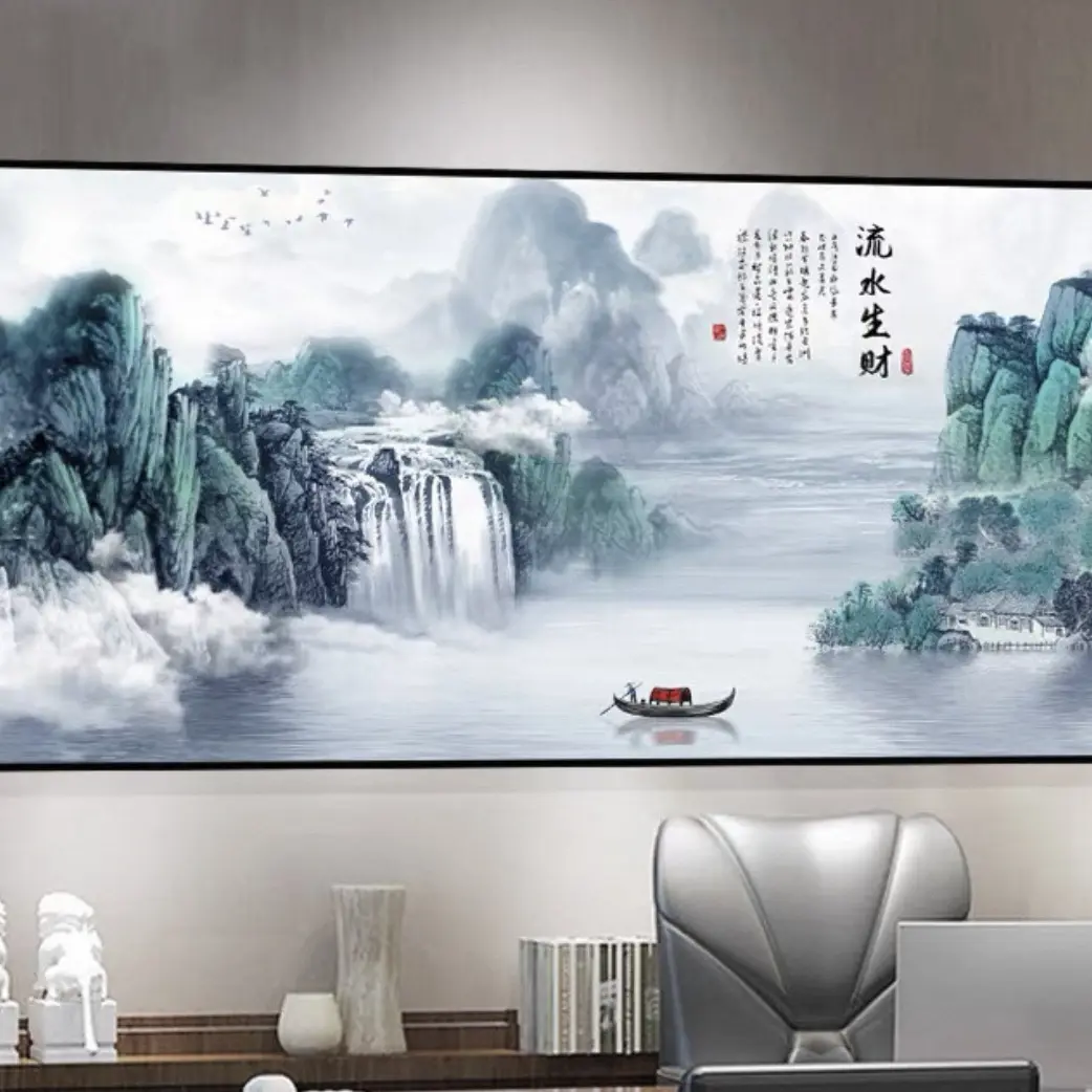 新中式流水生财山水画客厅装饰画镶钻晶瓷挂画办公室高级感壁画
