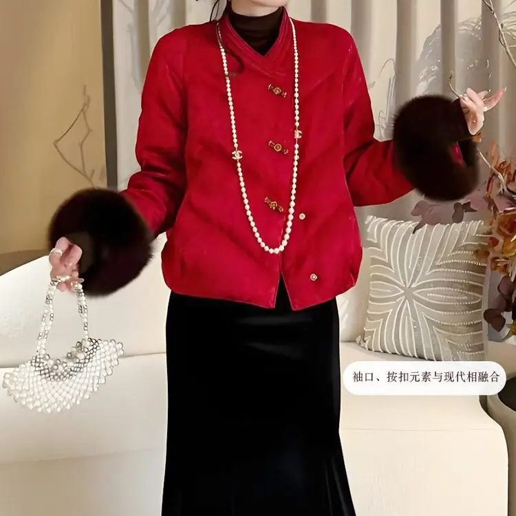新中式拼接加厚保暖短款女棉服新年服