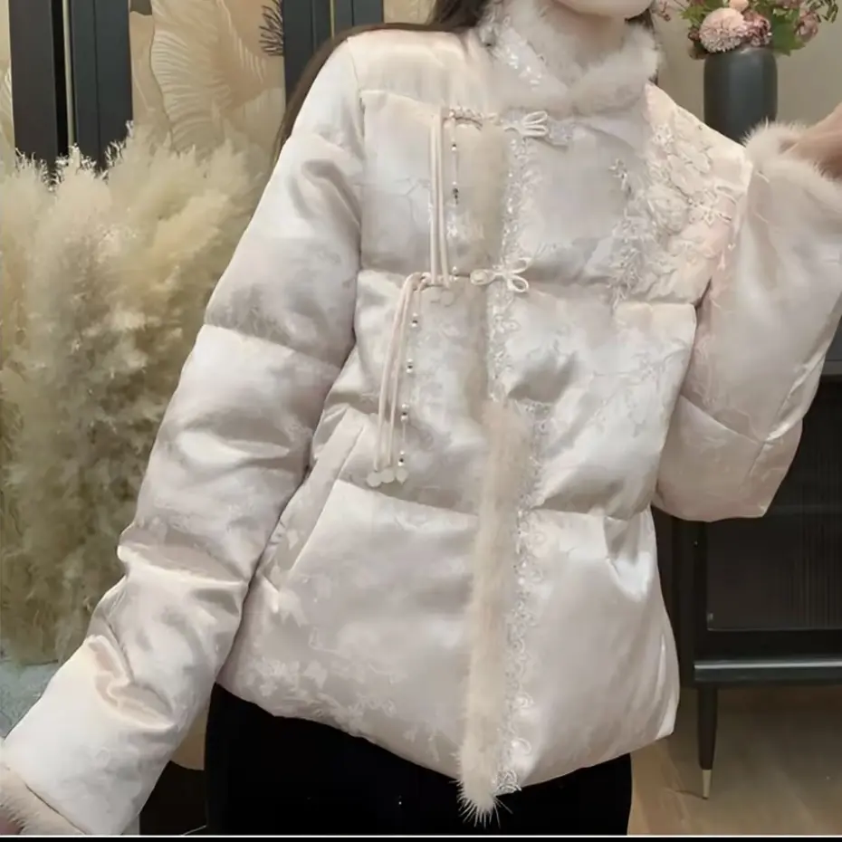 【蜜茶】新中式冬盘扣刺绣加厚保暖棉服外套国风气质休闲百搭女上衣