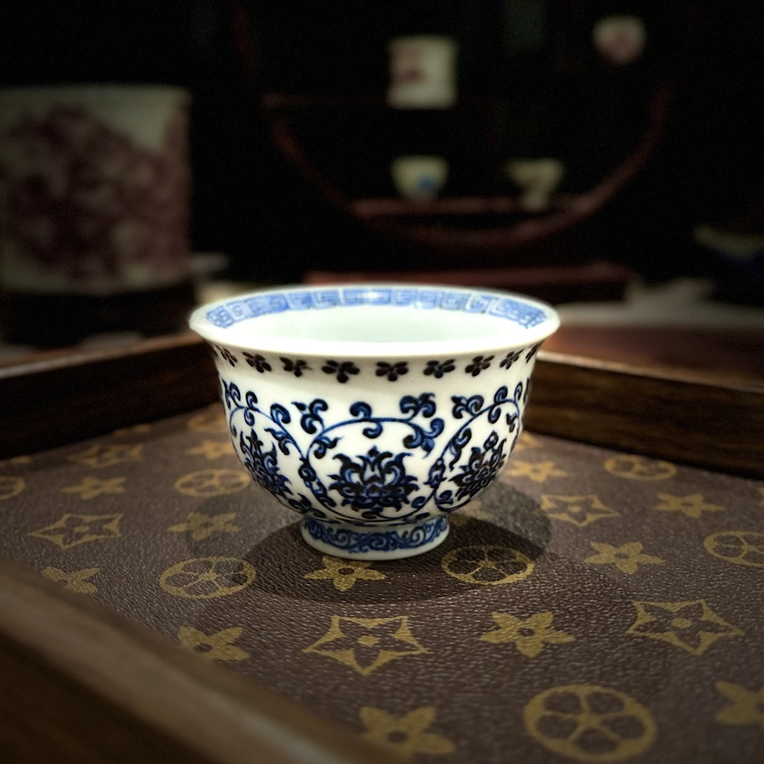 【兰亭墨色】青花柴窑永乐缠枝莲压手杯茶杯主人杯