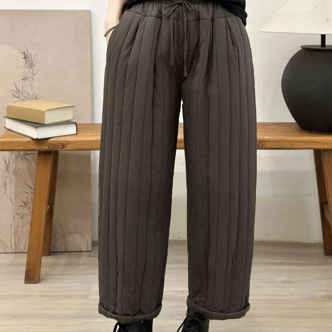 棉裤绗线加厚加棉女士松紧腰直筒长裤舒适简约时尚百搭