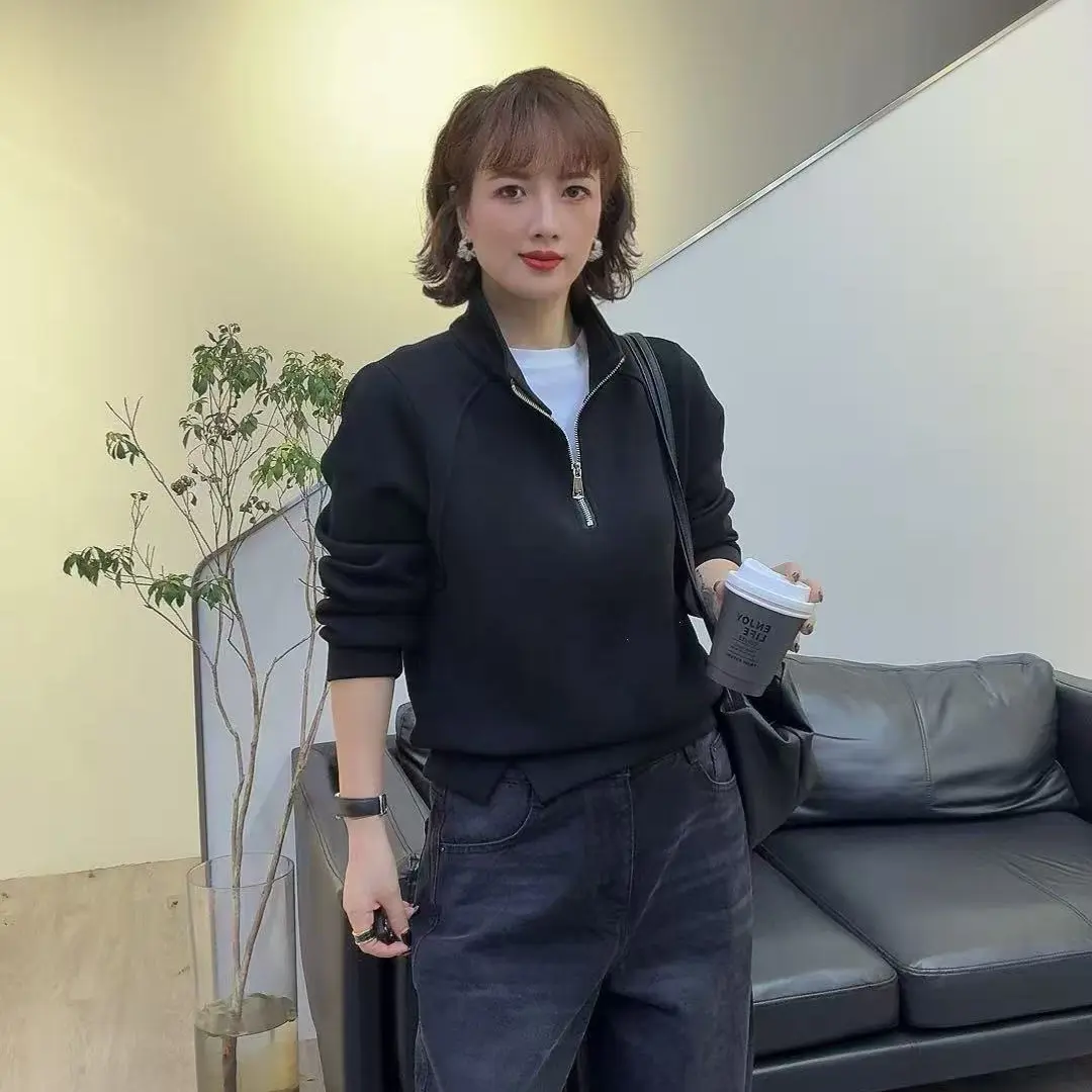 A33秋冬新款半拉链立领加绒宽松显瘦百搭卫衣