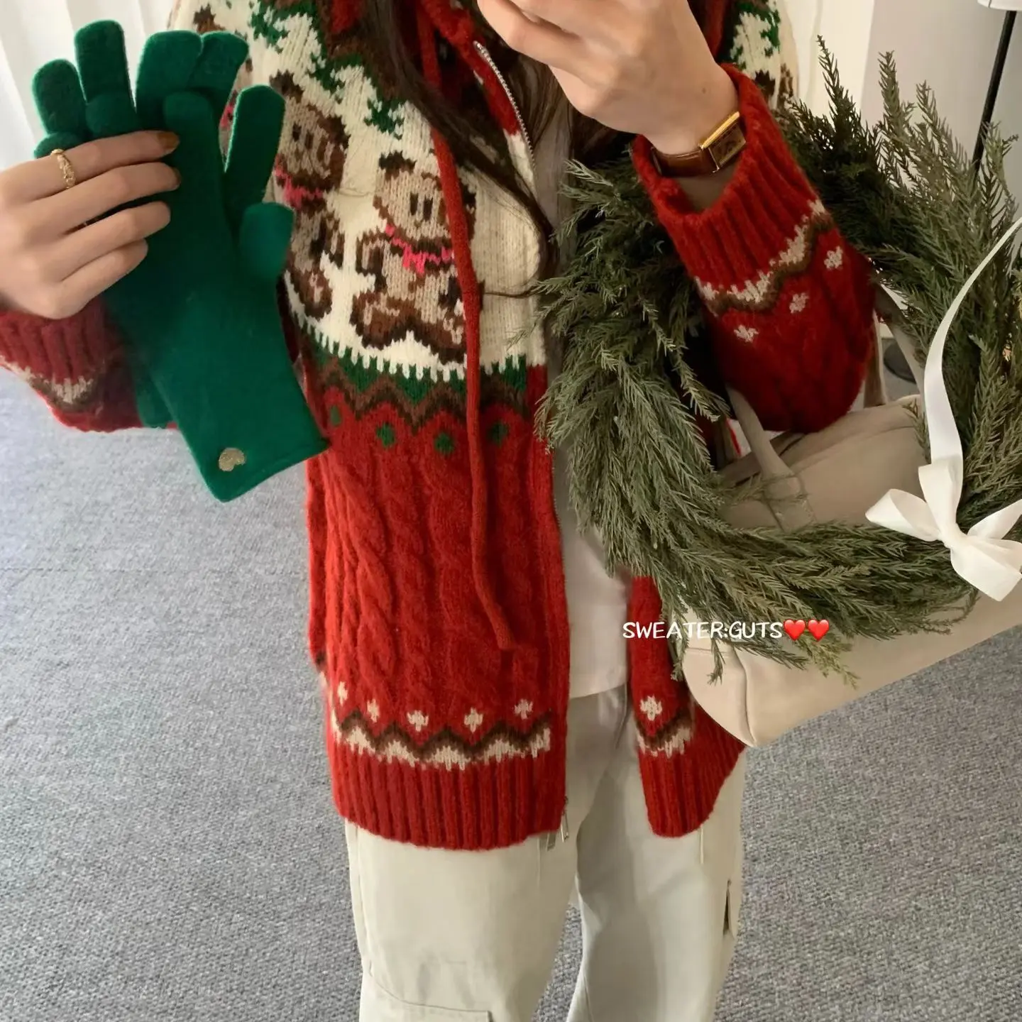 复古新年红小熊连帽毛衣外套女韩版秋冬新款宽松百搭显瘦针织开衫