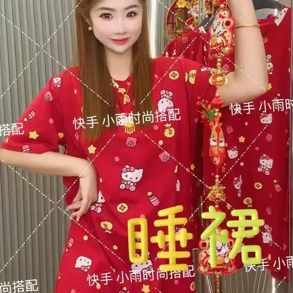女新年新款红色可爱KT猫宽松短袖睡裙