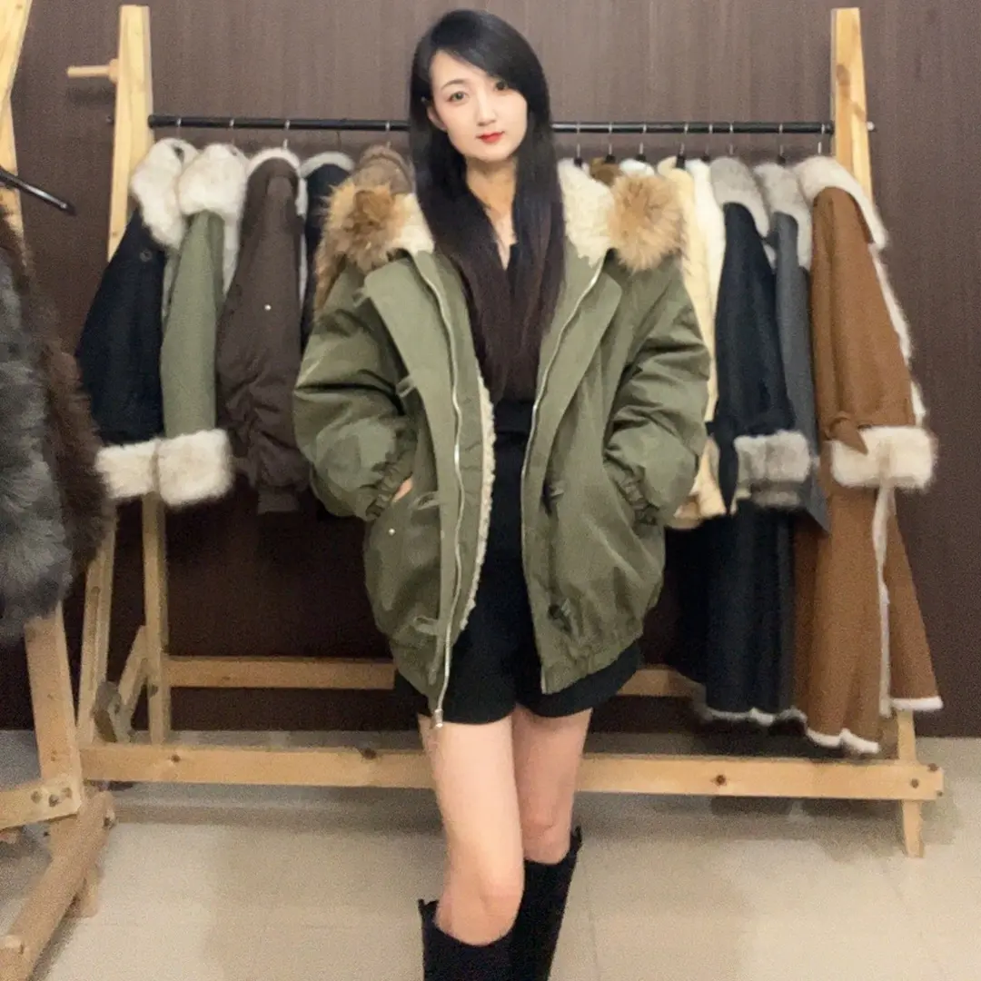 大翻领连帽貉子毛领女派克服保暖外套