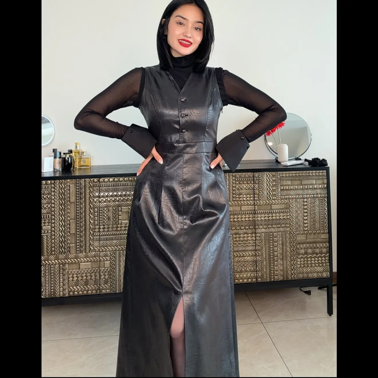 秋冬新款复古港风拼接高弹力修身连衣裙