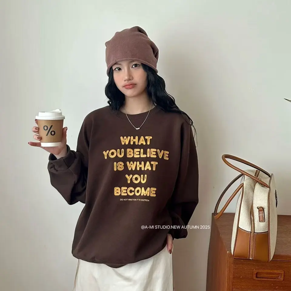 显瘦秋季厚字母女装印花套头卫衣灰色女慵懒风圆领