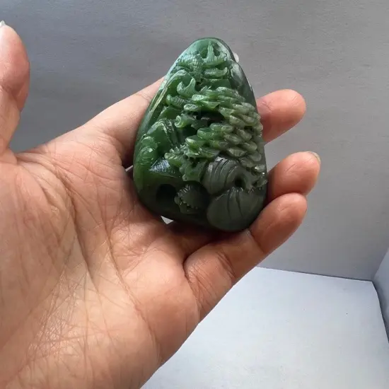 【宁歌珠宝】天然和田玉碧玉山水牌手工雕刻手把件摆件67×45×30