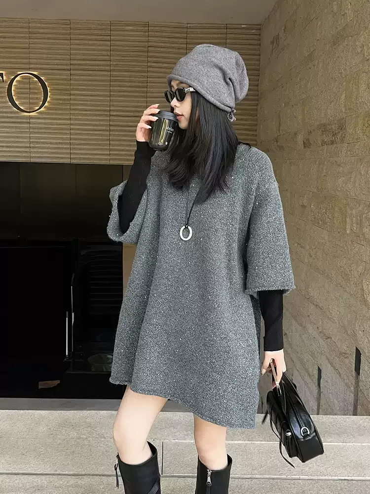 7分袖加亮丝~卷边式纯羊毛套头针织衫加厚中长款休闲时尚宽松显瘦