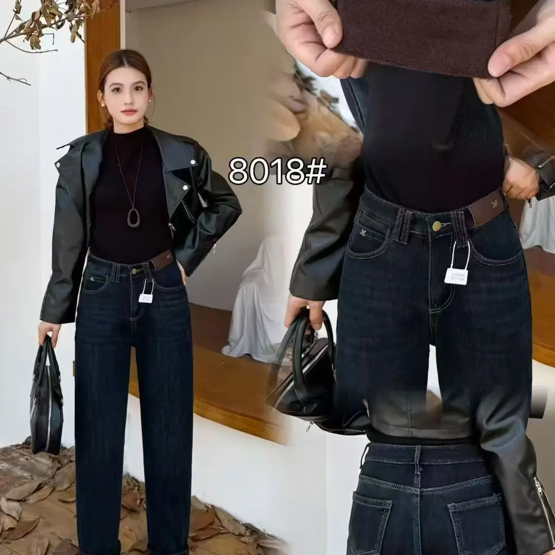8018秋冬新款加绒加厚高腰显瘦牛仔裤女长度95-96cm