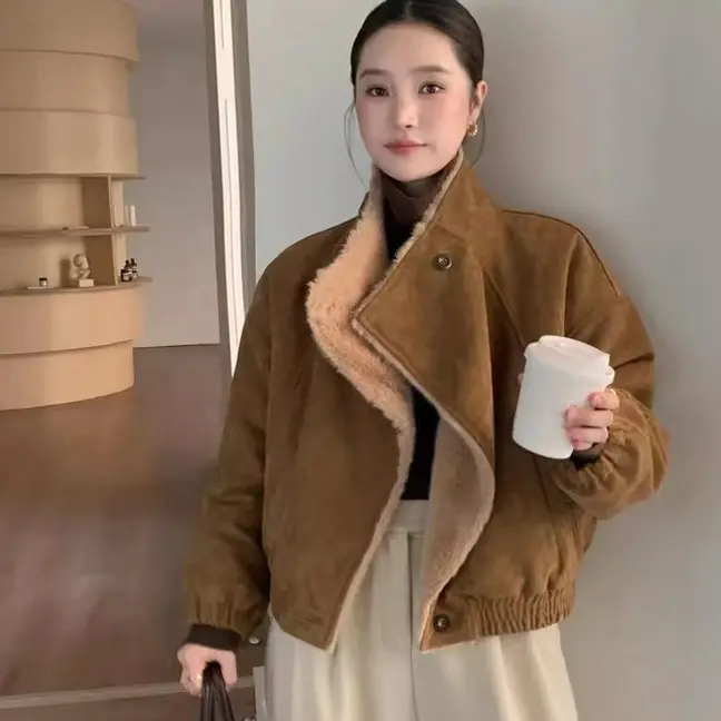 韩系休闲百搭保暖麂皮绒短外套冬季新款时尚洋气女装夹克