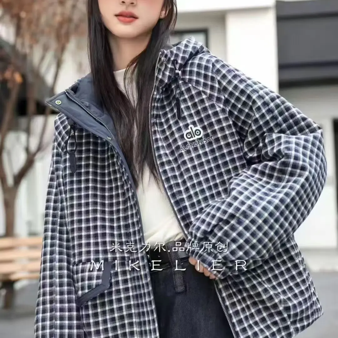 冬季女童韩系格子拼接连帽加厚保暖棉服外套