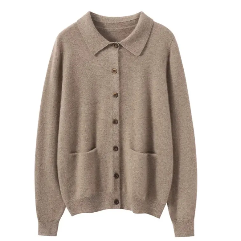 系扣双兜羊绒开衫Polo领100纯山羊绒针织衬衣领毛衣春秋冬款外搭