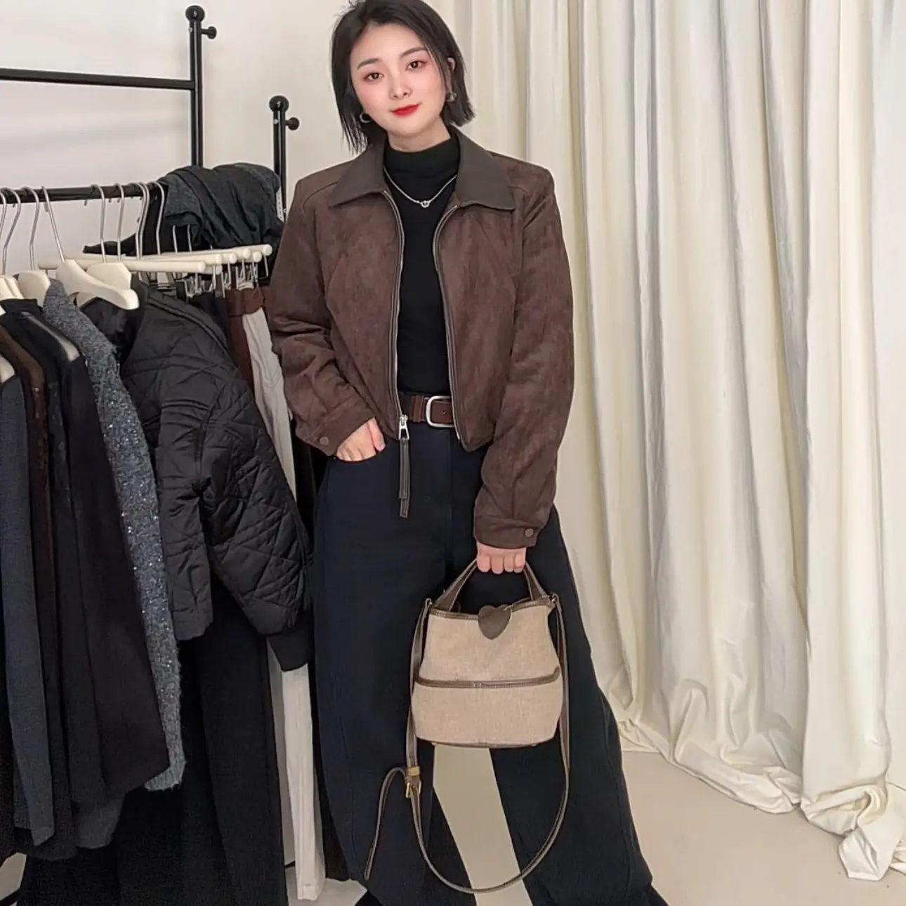 韩版时尚短款翻领夹克外套女秋季气质百搭宽松长袖上衣