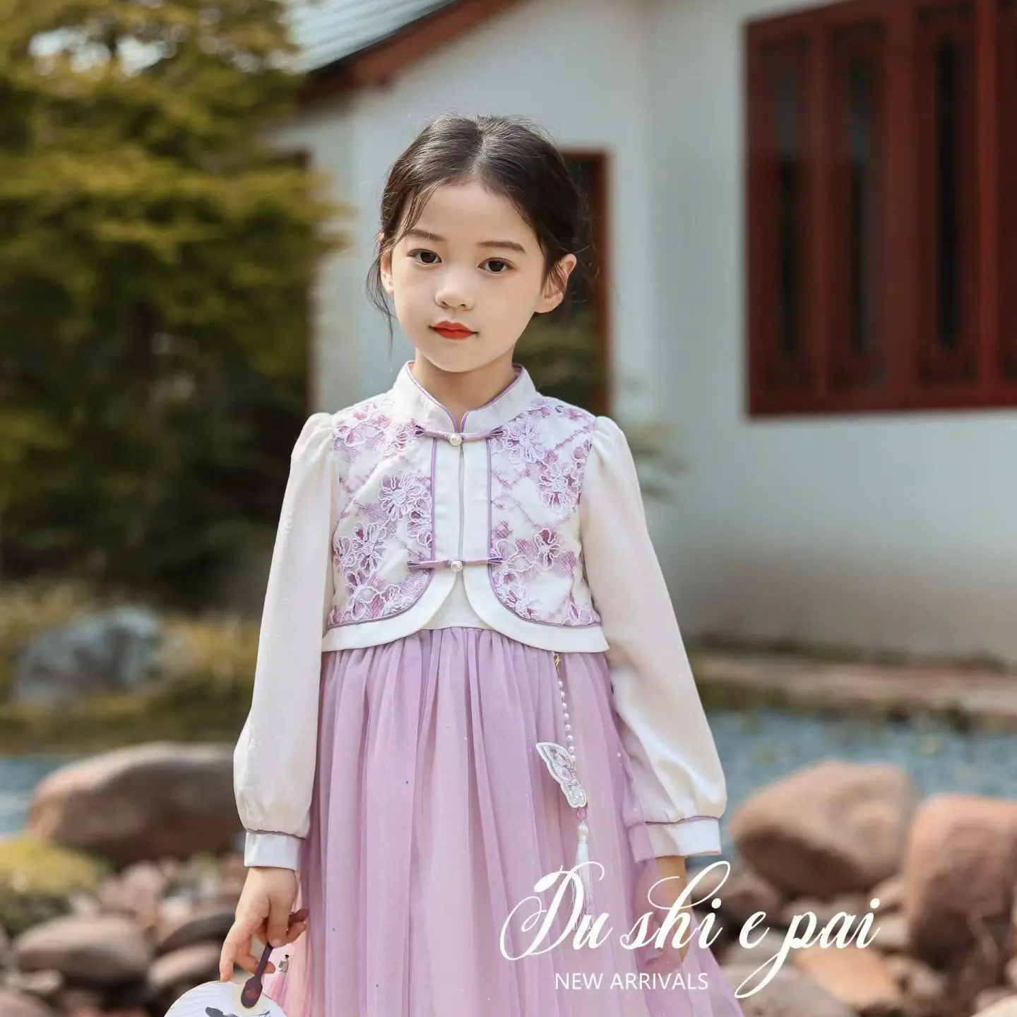 女童假两件国风连衣裙秋季洋气泡泡袖公主裙长袖网纱碎花