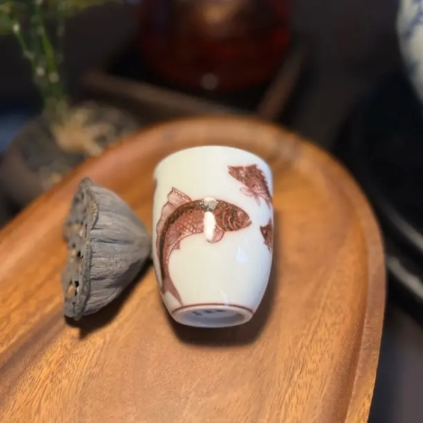 景德镇幽蓝溪堂仿元釉里红鱼藻手雷杯陶瓷主人杯茶杯品茗杯茶具