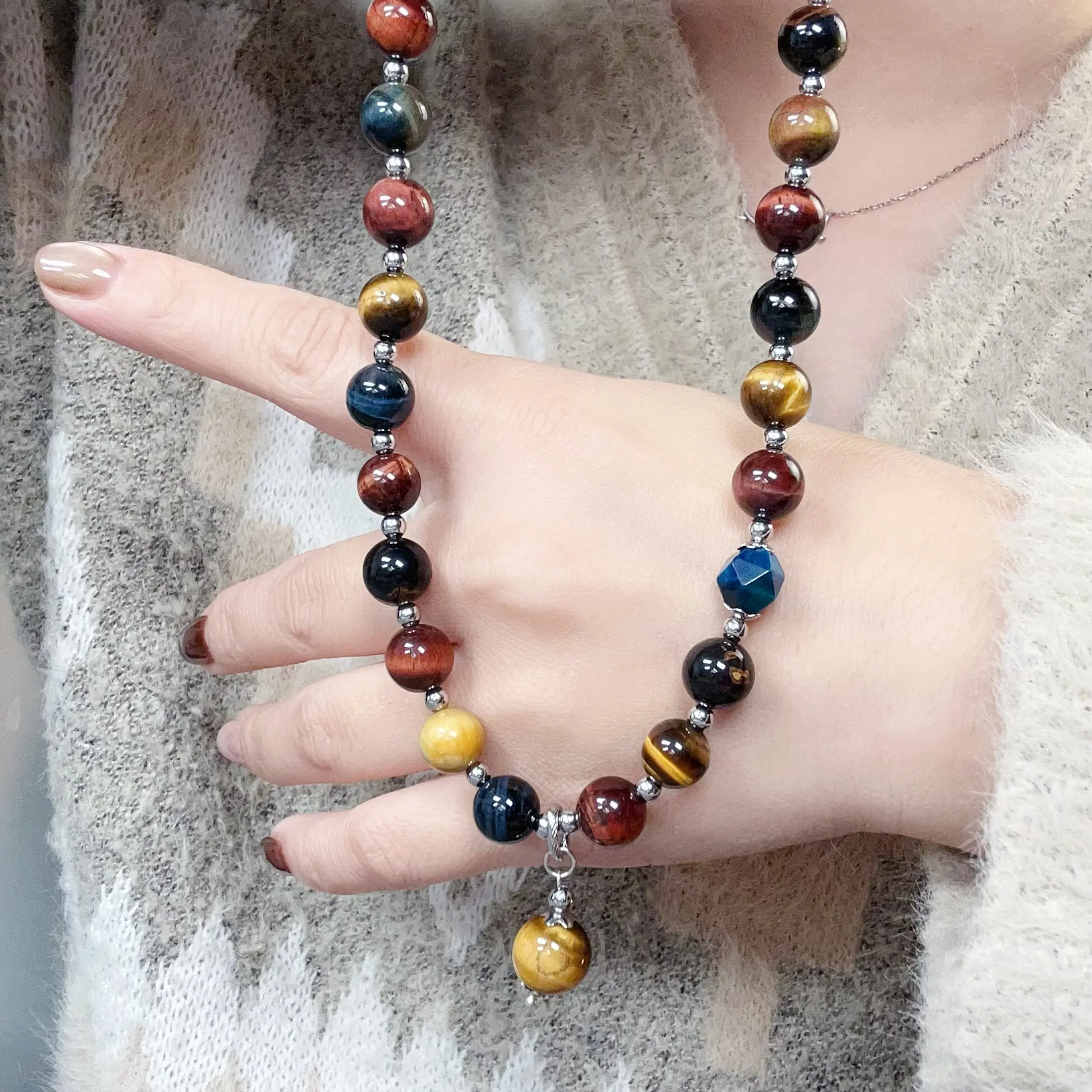 彩虎眼天然虎眼石项链串珠女轻奢小众高级感毛衣链文艺风配饰潮