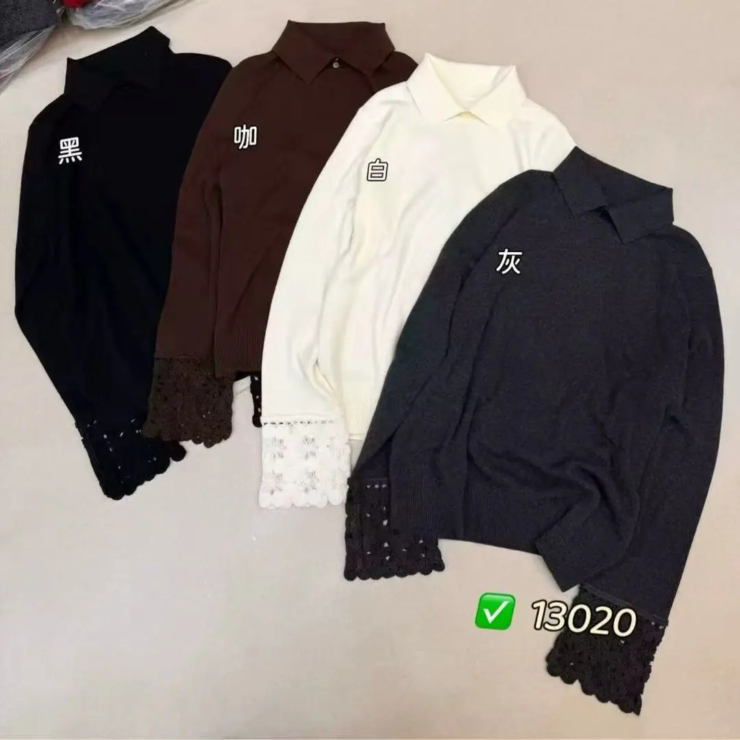 13020意凡翻领镂空钩花设计袖口宽松简约显瘦毛衣