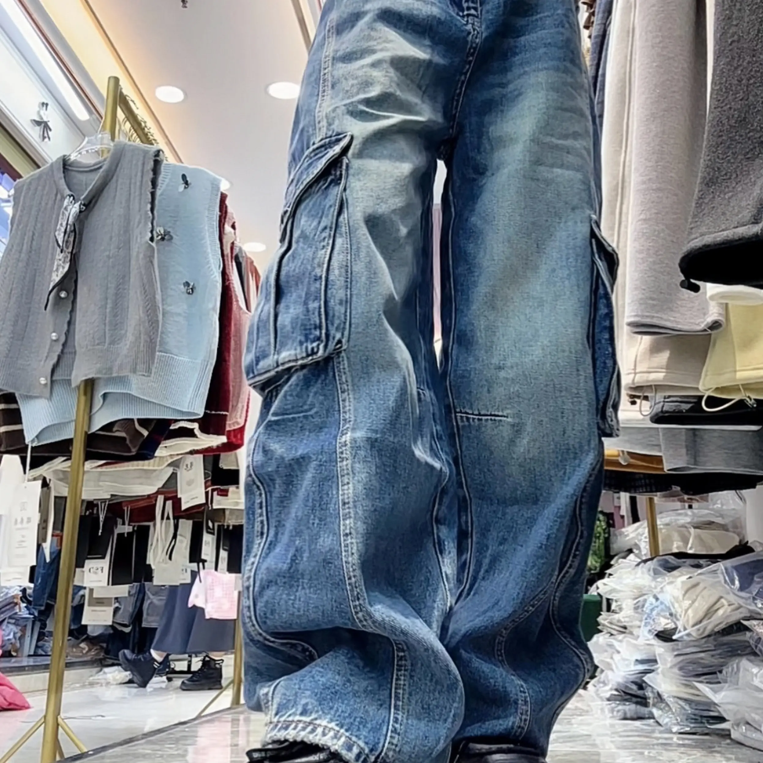 春款新款时尚潮酷重工水洗中腰宽松显瘦工装设计感直筒牛仔裤1708