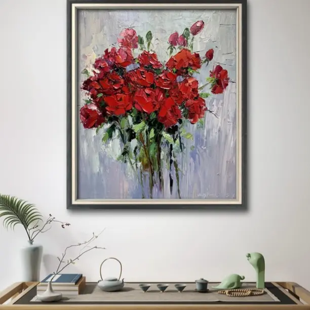 高级感手工肌理花卉油画客厅沙发背景墙装饰画简约风格挂画