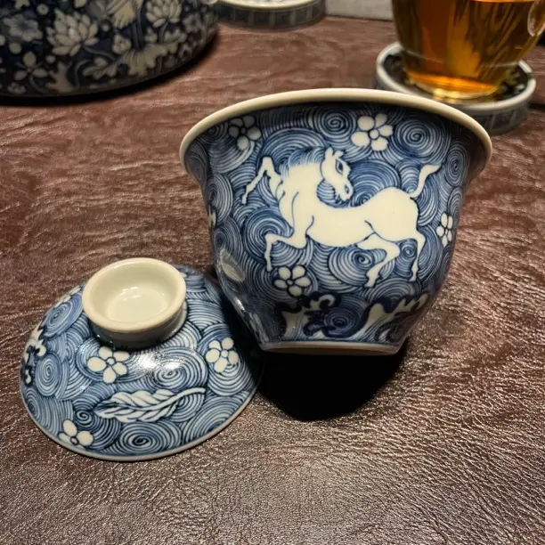青花海马纹二才盖碗中式复古茶具