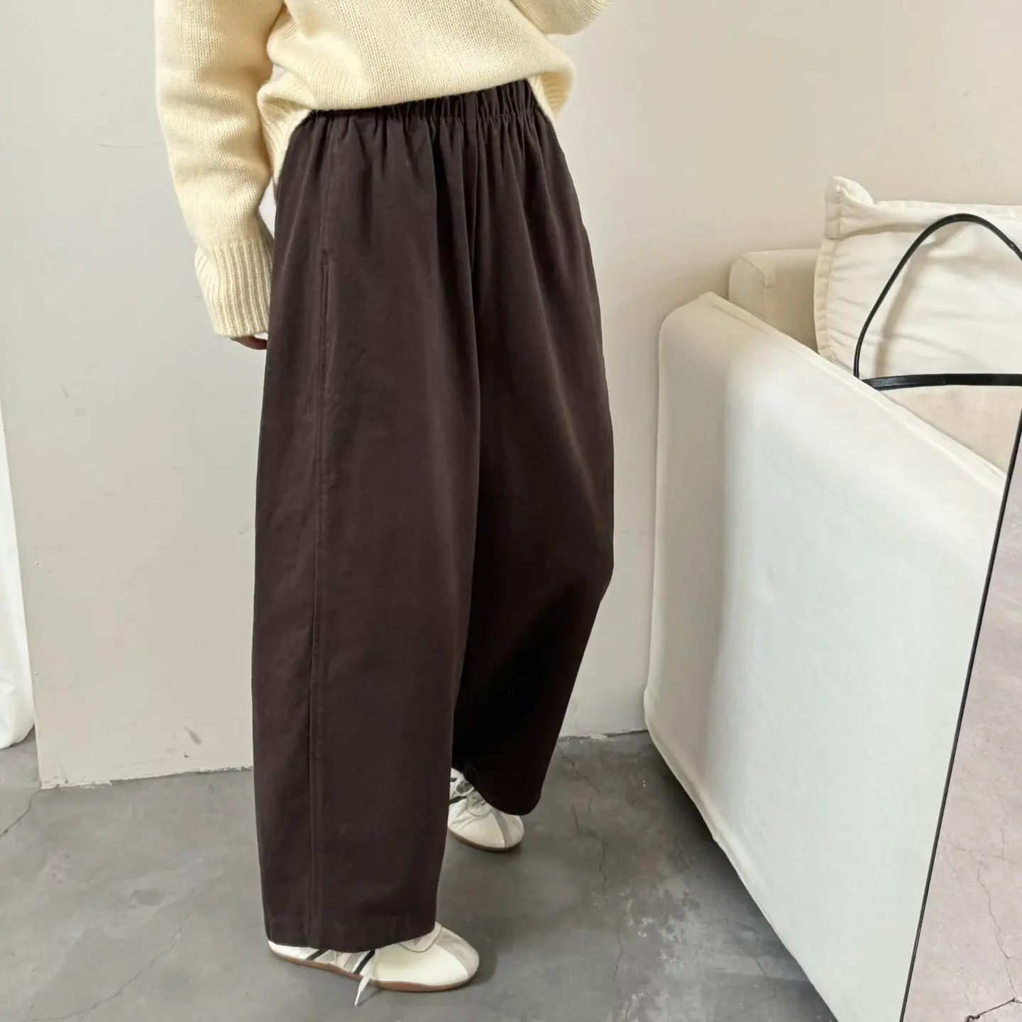 冬季棉质抓绒加厚高腰松紧腰阔腿休闲裤韩系慵懒风百搭