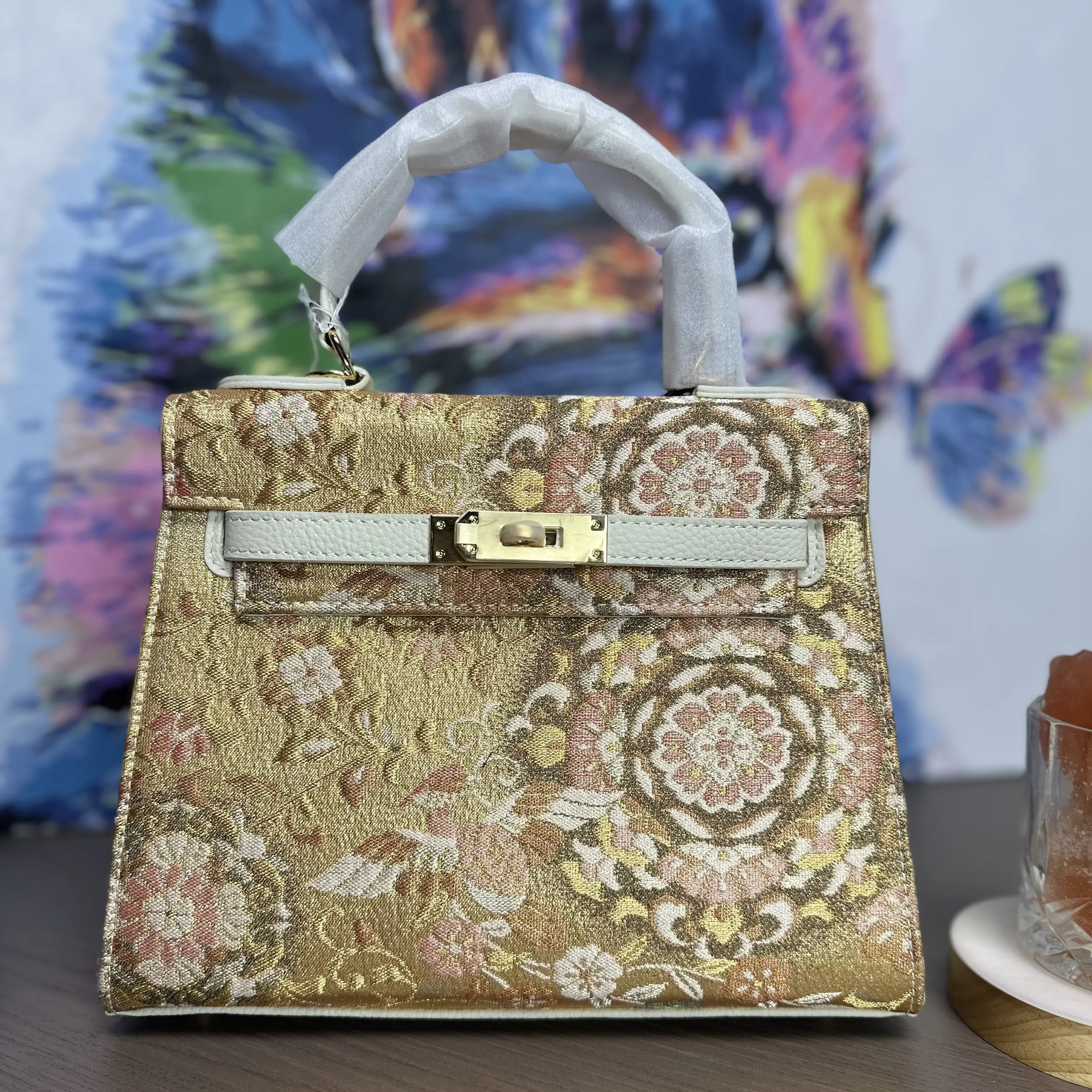 唐锦西阵织粉宝相凤凰头层牛皮手工包25凯莉