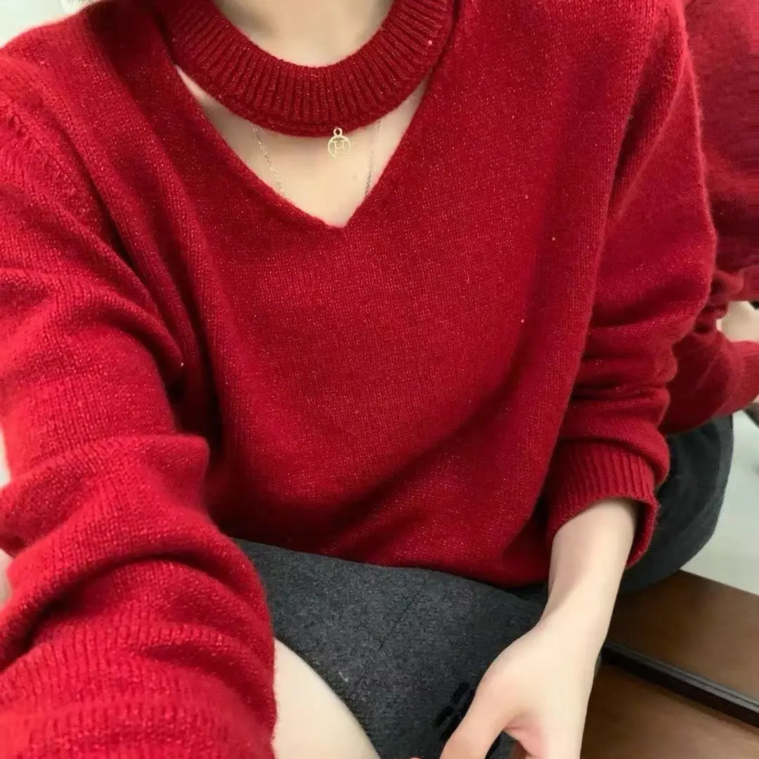 【韩熙家】冬季新款法式高级感挂脖羊毛亮丝针织毛衣显瘦