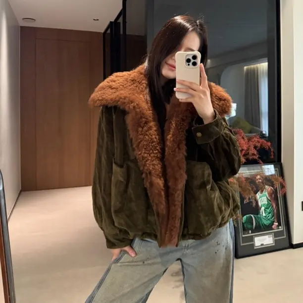 首尔小姐姐可拆绵羊毛领金属丝可塑性派克鹅绒外套