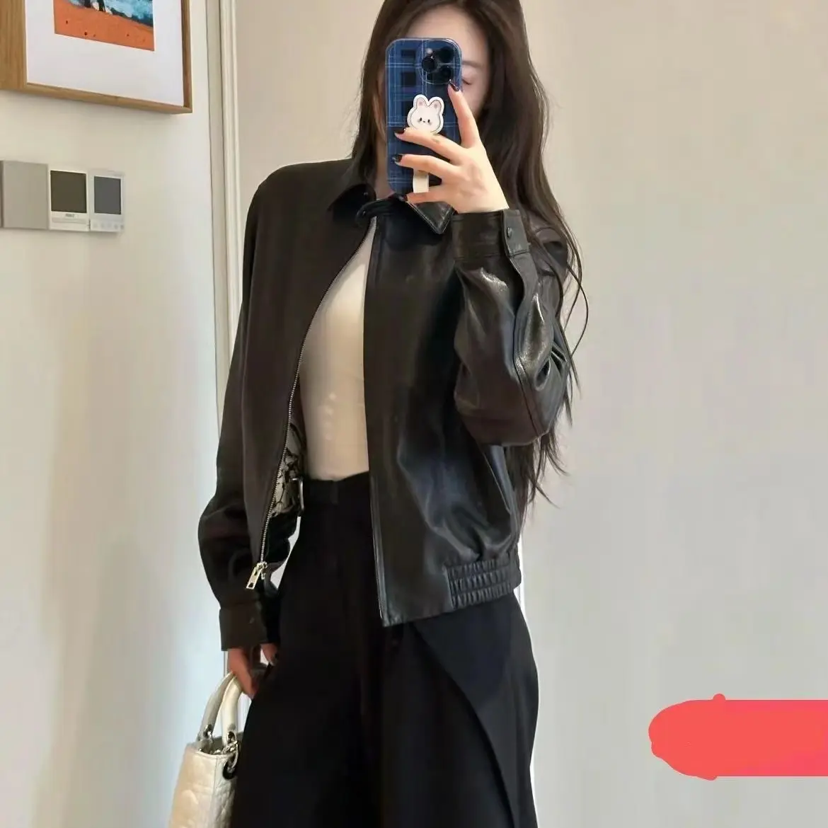 短款老钱风薄款真皮皮衣上衣韩版显瘦翻领