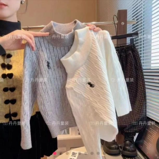 韩国男女童保暖针织衫儿童毛衣百搭宝宝半高领套头刺绣麻花打底衫